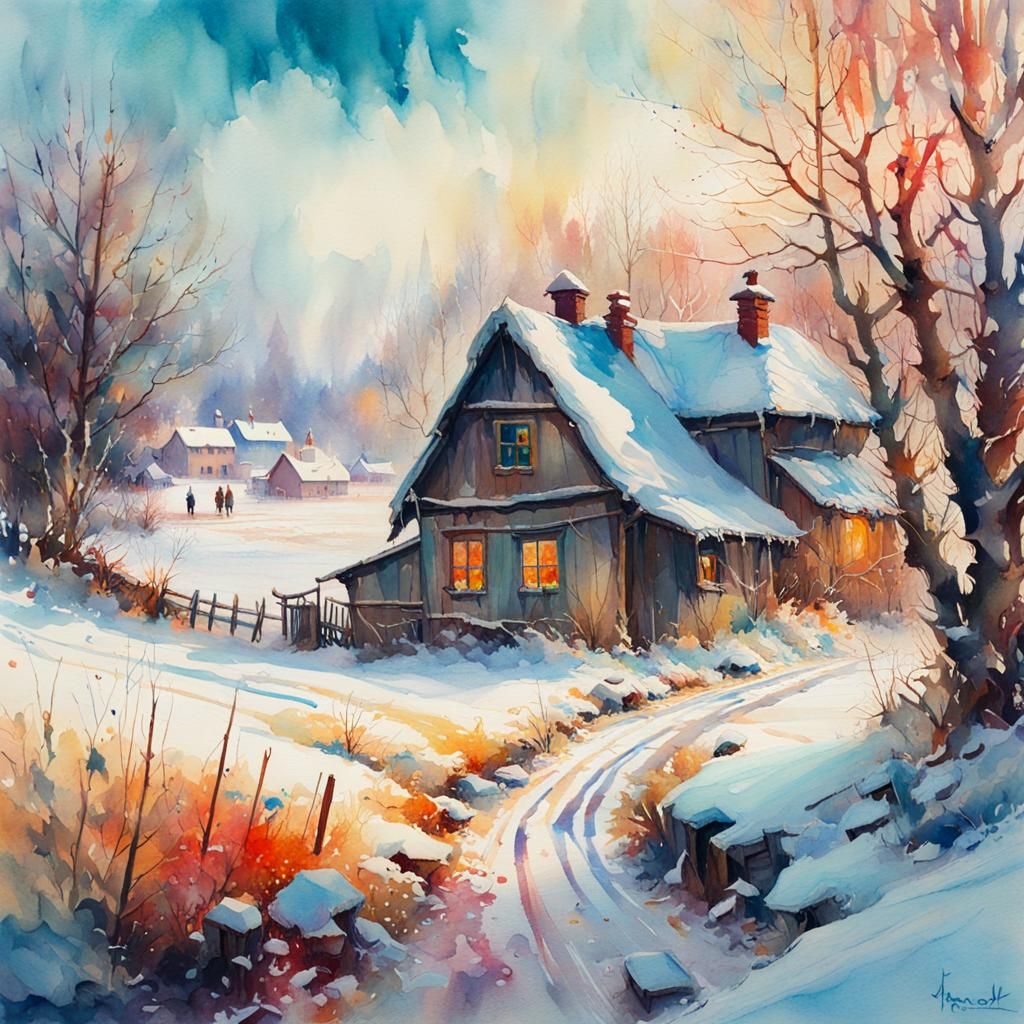 Detailed Winter Landscape Watercolour Painting