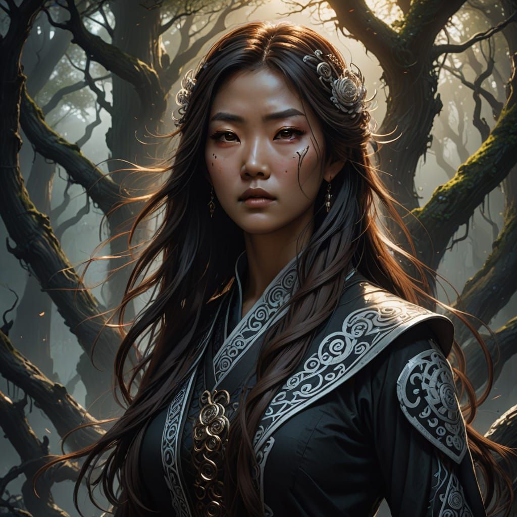 Mysterious East Asian Woman with Swirling Eyes, Digital Pain...