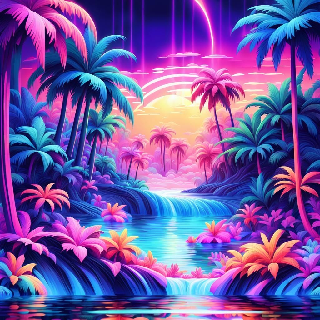 Neon Jungle Island Paradise in Abstract Vector Style