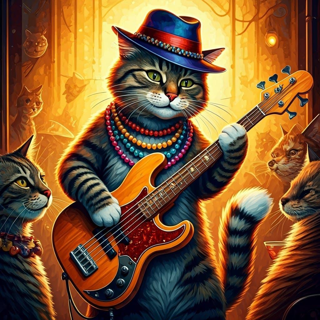 Whimsical Feline Jazz Cat in New Orleans Jazz-Café Style