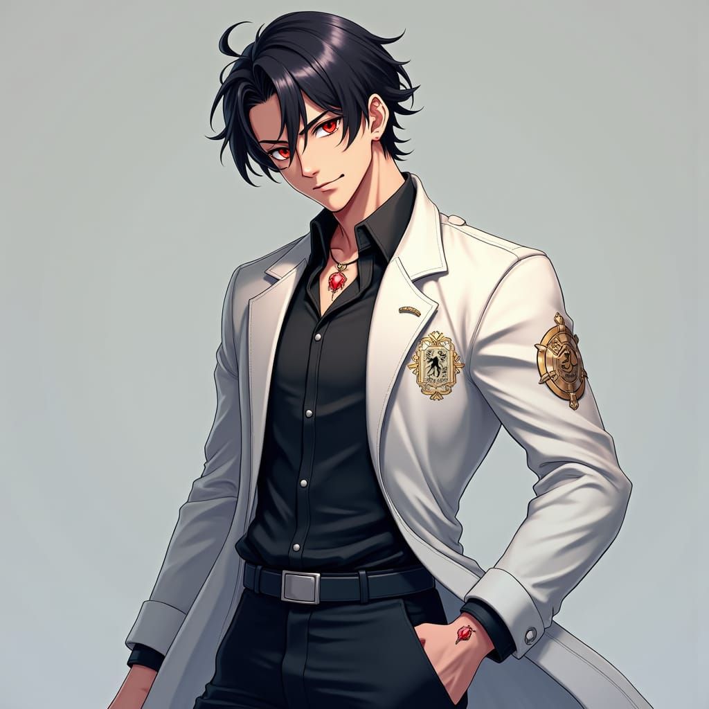 Anime Man with Crimson Eyes and Lab Coat