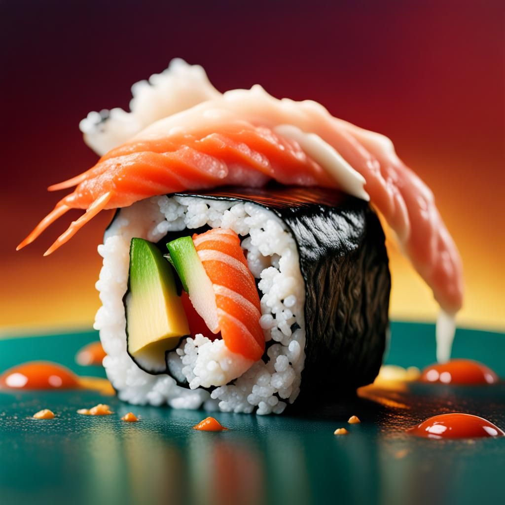 Hyperrealistic Sushi Splash Art with Detailed Color