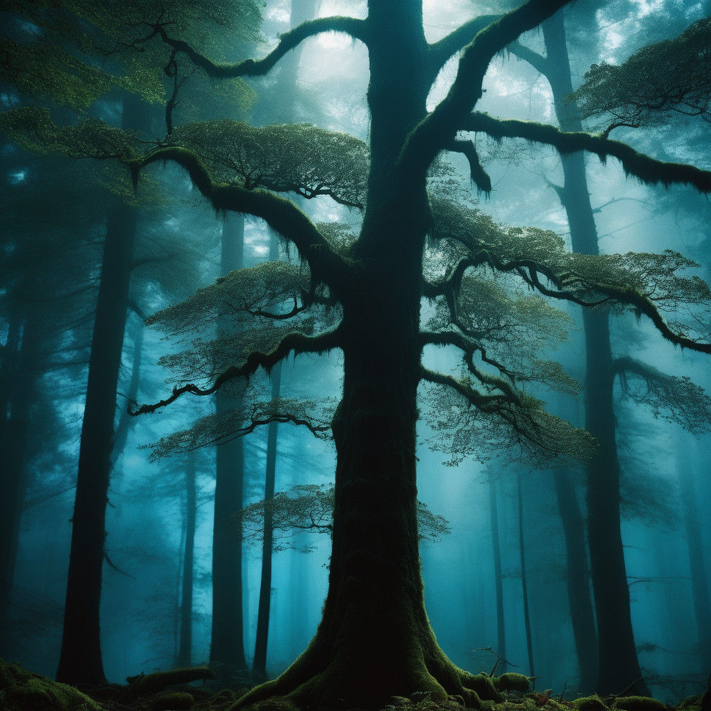 Moss-Covered Forest Guardian in a Misty, Vignette-Lit Landsc...