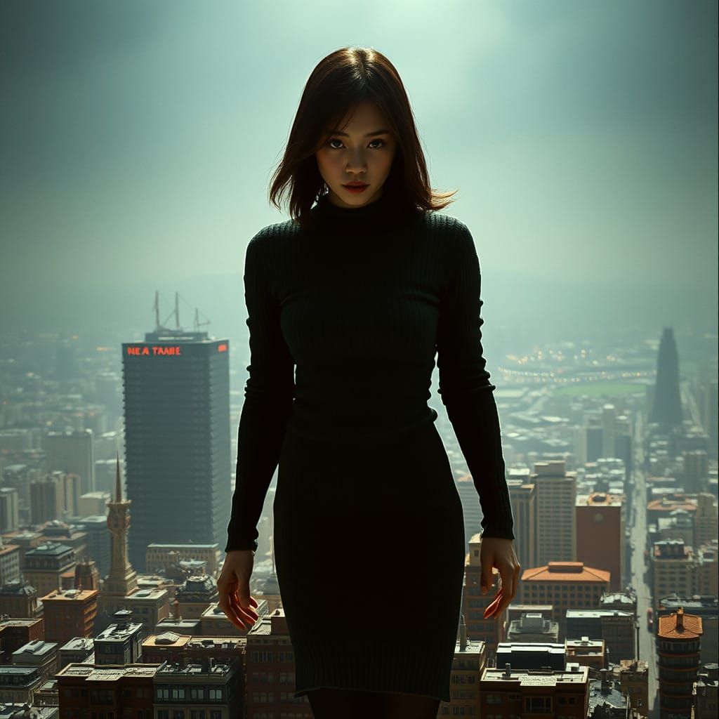 Colossal Japanese Woman Dominates Miniature Cityscape in Dar...