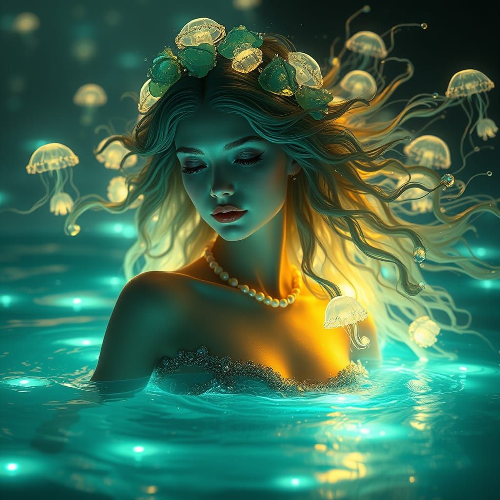 Bioluminescent Lagoon Goddess Portrait in Digital Art Style