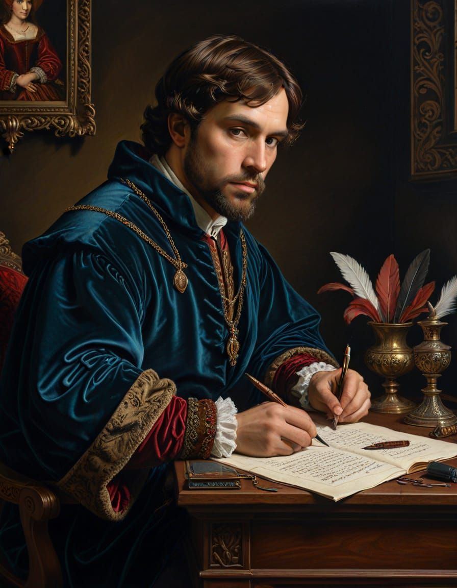 Renaissance Man Writing by Candlelight