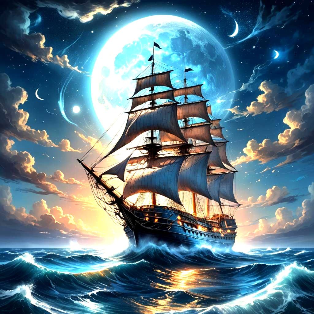 Moonlit Sea Reflection: Ship Lighting in Detailed Painting