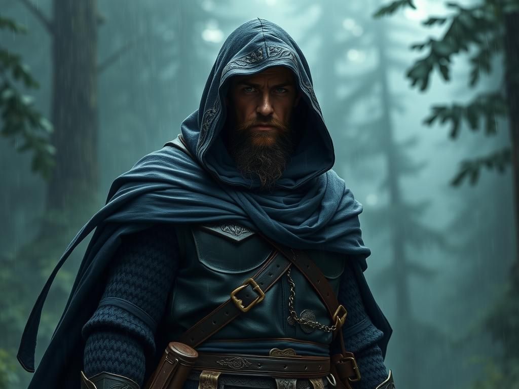 Stoic Ranger in Rainy Forest, Moody Realism