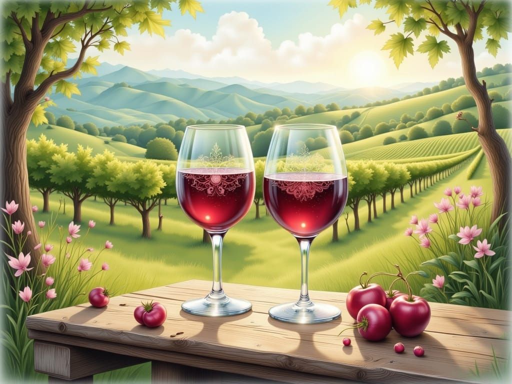 Elegant Wine Glasses on Rustic Table Overlooking Vineyard