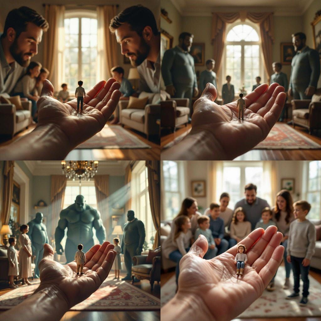 Giant Family Admires Tiny Human in Realistic Living Room