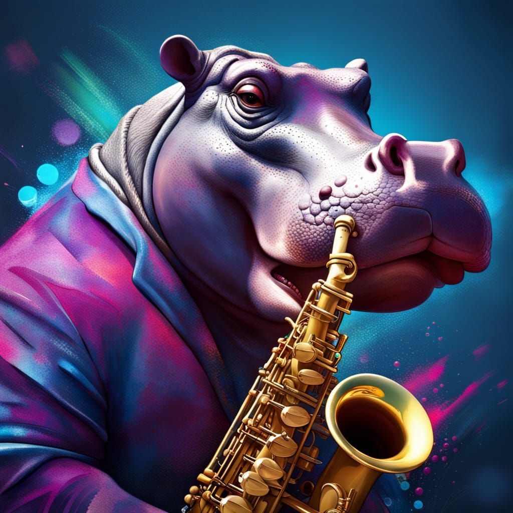 Hyperrealistic Hippo Saxophone Player Splash Art