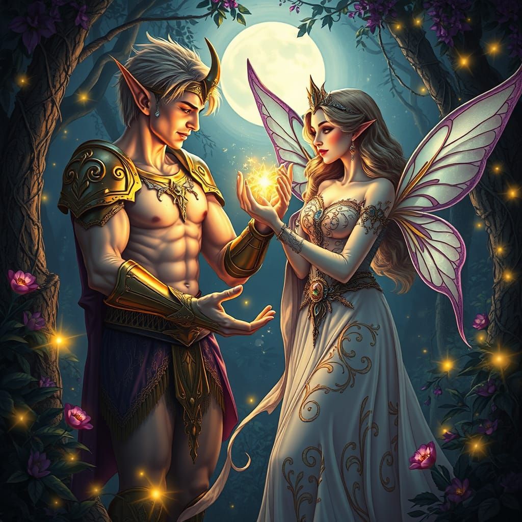 Elf Warrior Presents Starlight Gift to Fairy Queen