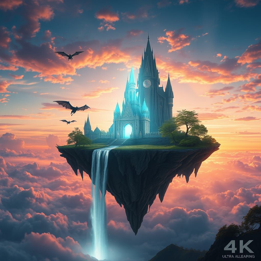A magical floating island in the sky at sunset, with a glowi...