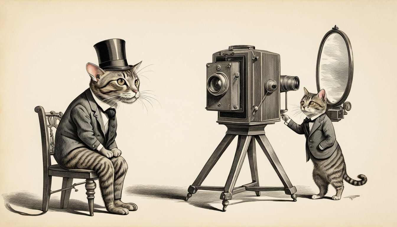 Victorian Cat Photographing Giant Mouse with Camera Obscura