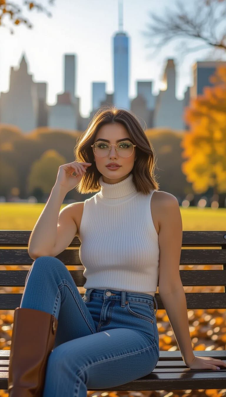 Woman on Park Bench in Warm Autumn Light