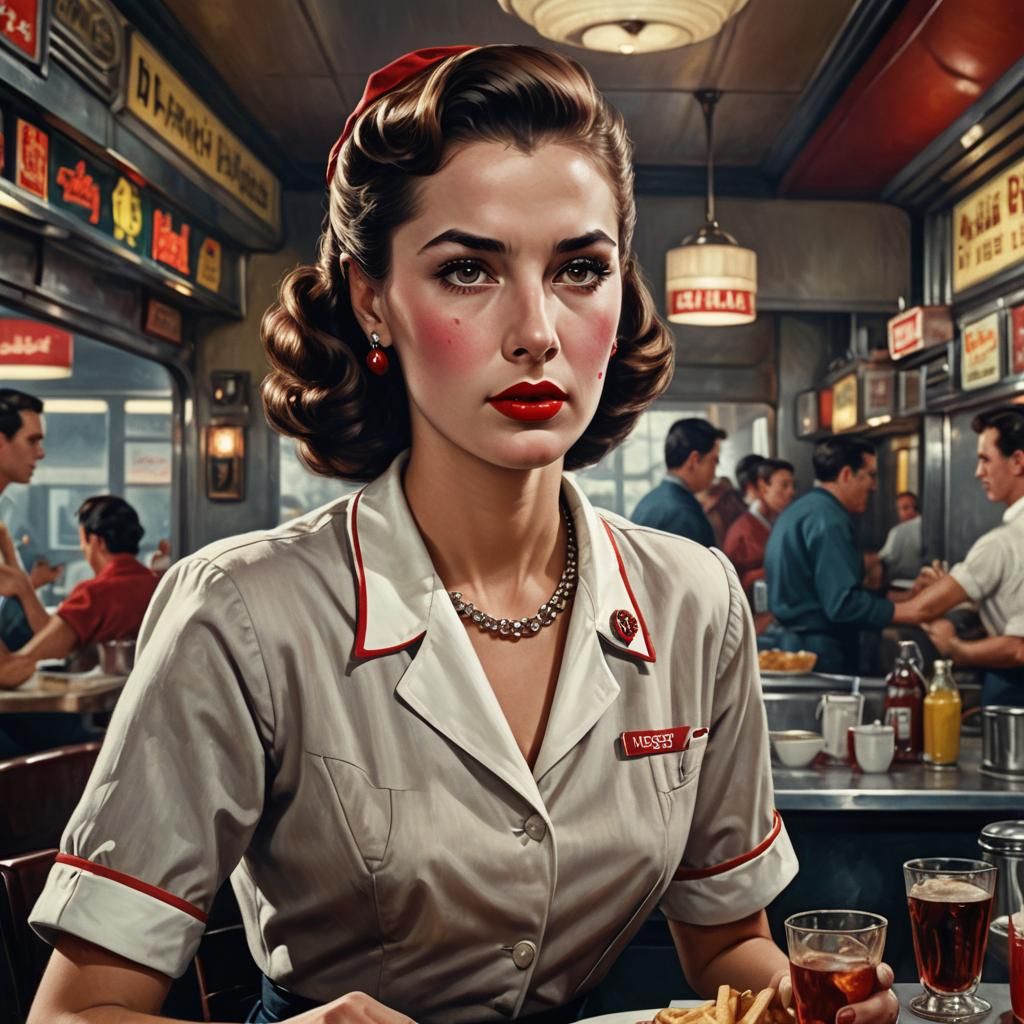 Menacing 1950s Diner Waitress Portrait in Detailed Matte Sty...