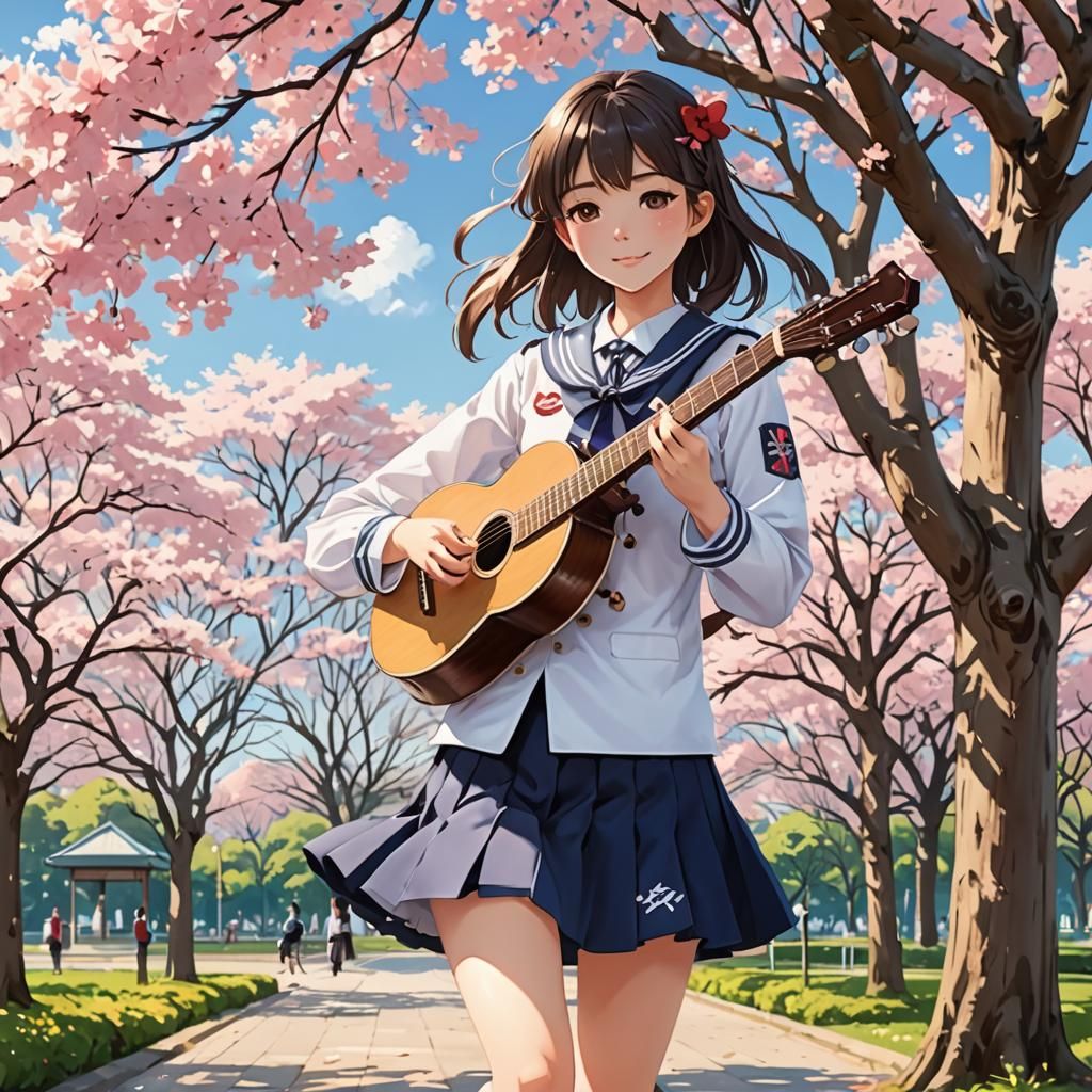 Anime Girl Playing Banjo in Sakura Park