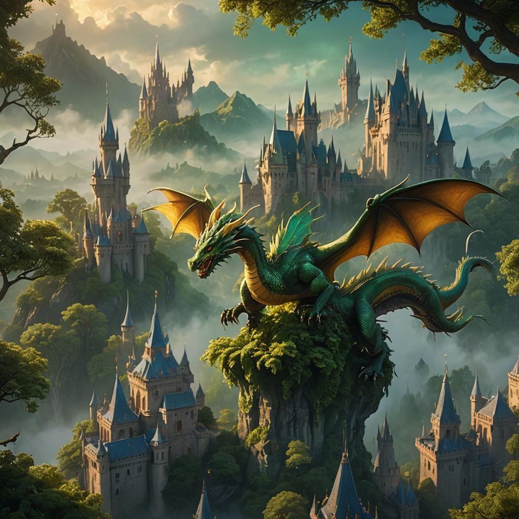 Regal Dragon Soaring Through Iridescent Mist