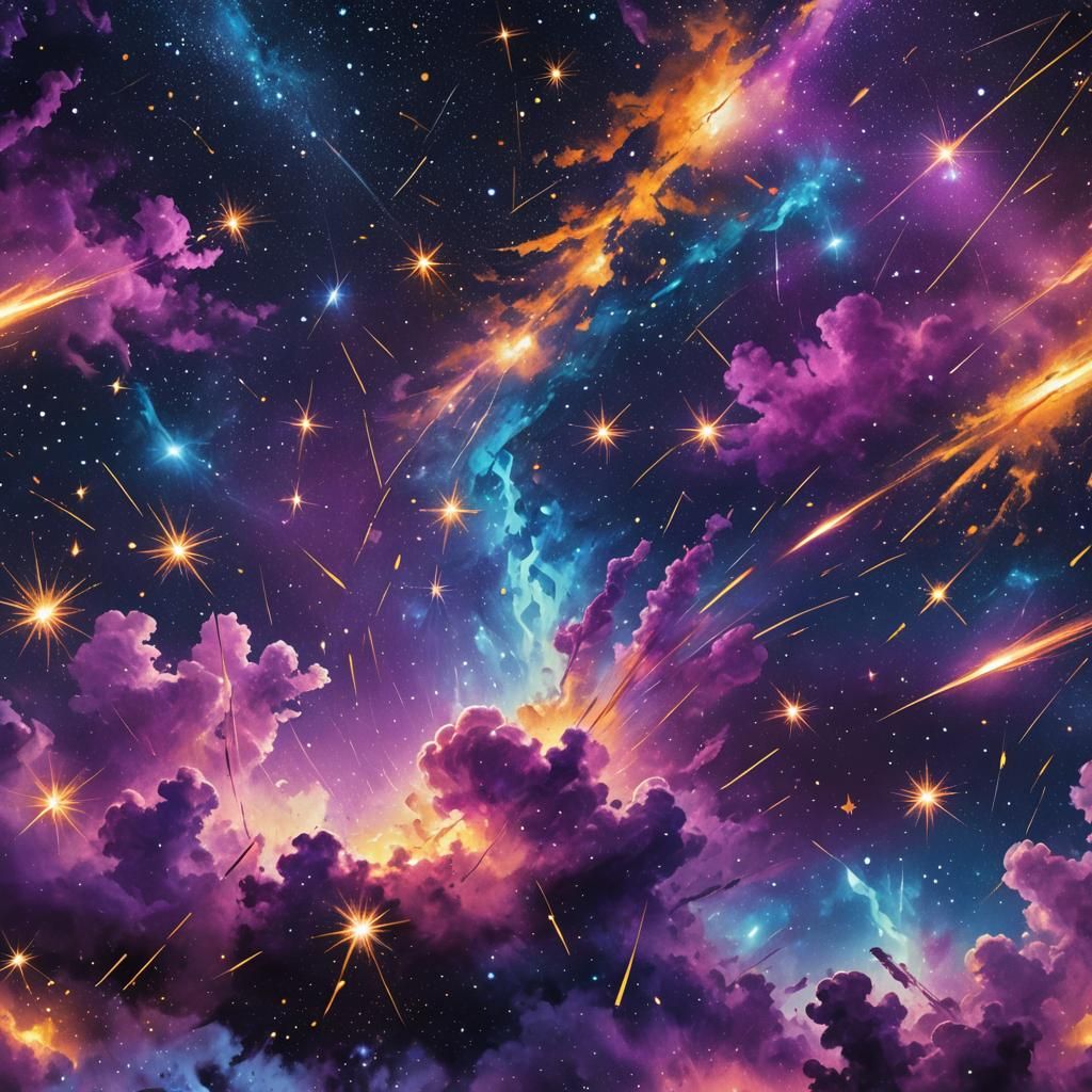 Vibrant Shooting Stars in Dreamlike Astral Landscape