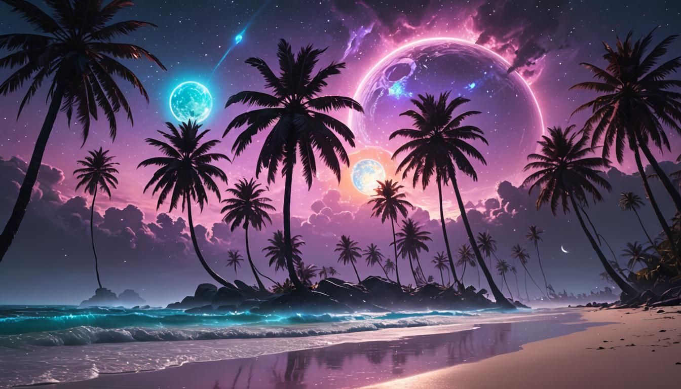 Alien Beach with Iridescent Palms, Fantasy Concept Art