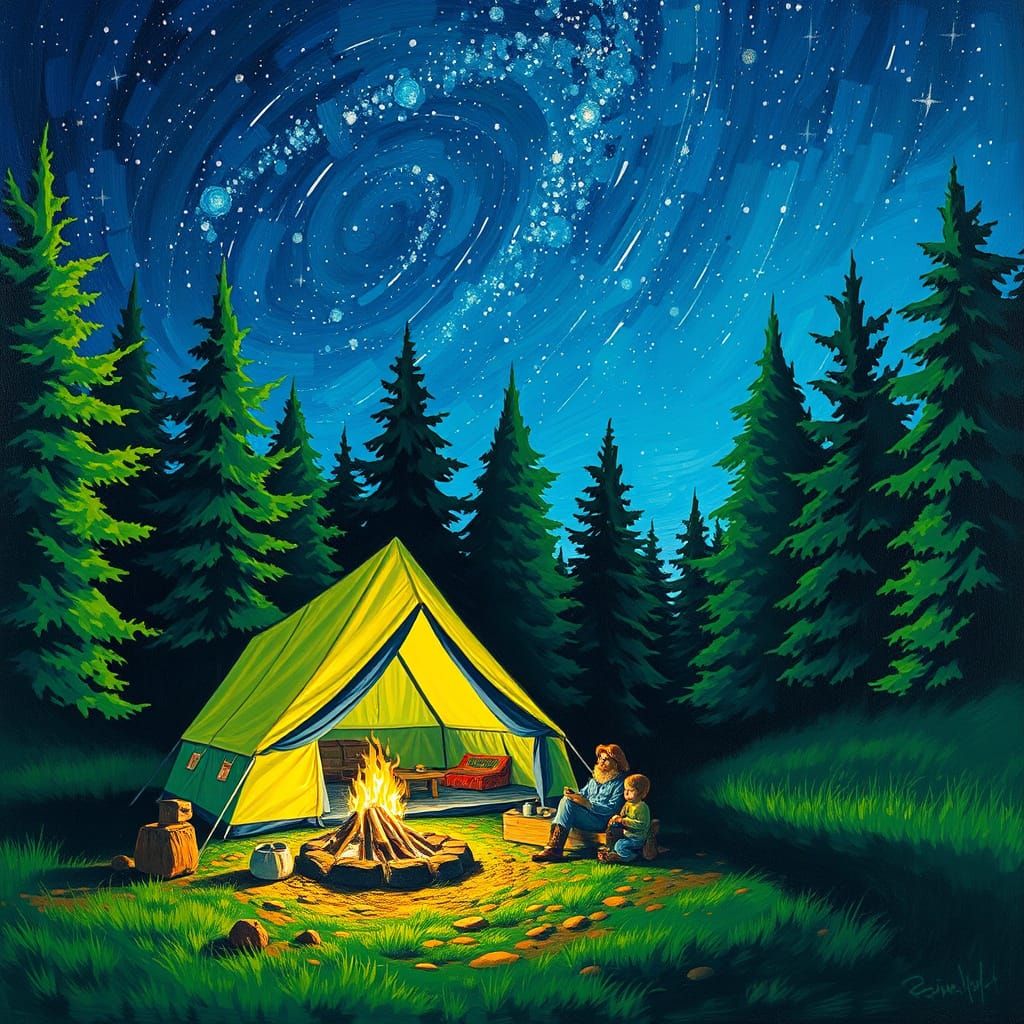 Campers Under Starry Sky: Oil Painting with Neon Accents
