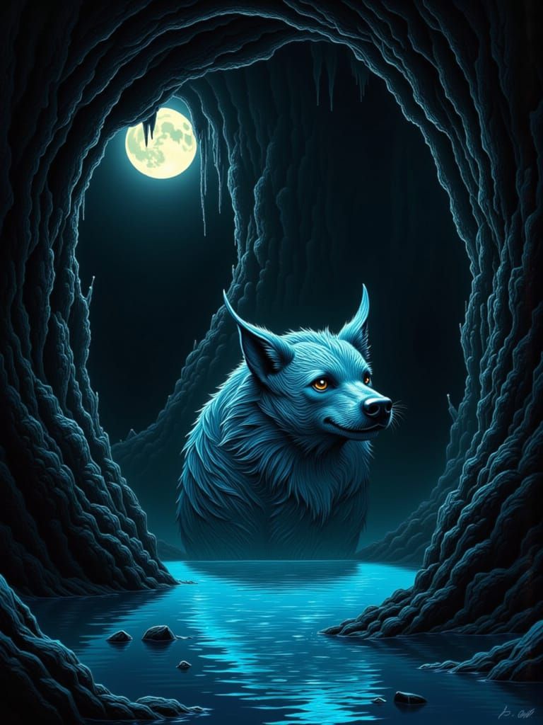 Ahuizotl Emerges From Moonlit Cenote With Bioluminescent Wat...