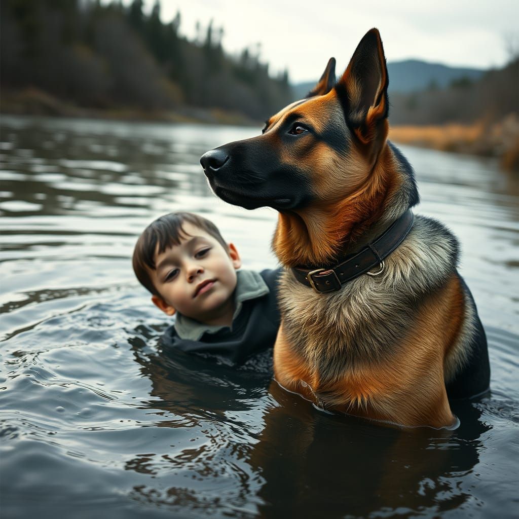 German Shepherd River Rescue: Photorealistic Canine Heroism