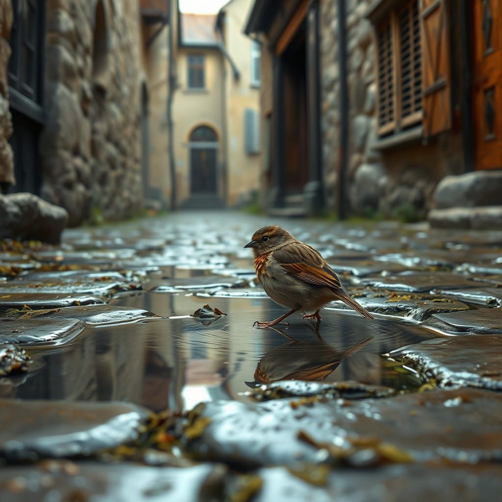 Sparrow in Rainy Village Street in Impressionist Realism