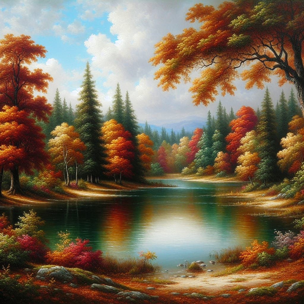 A Realistic Oil Painting of a Peaceful Autumn Lake