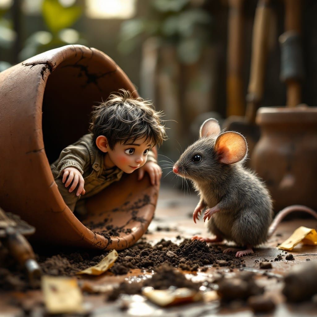 Miniature Children Discover a Mouse in a Potting Shed