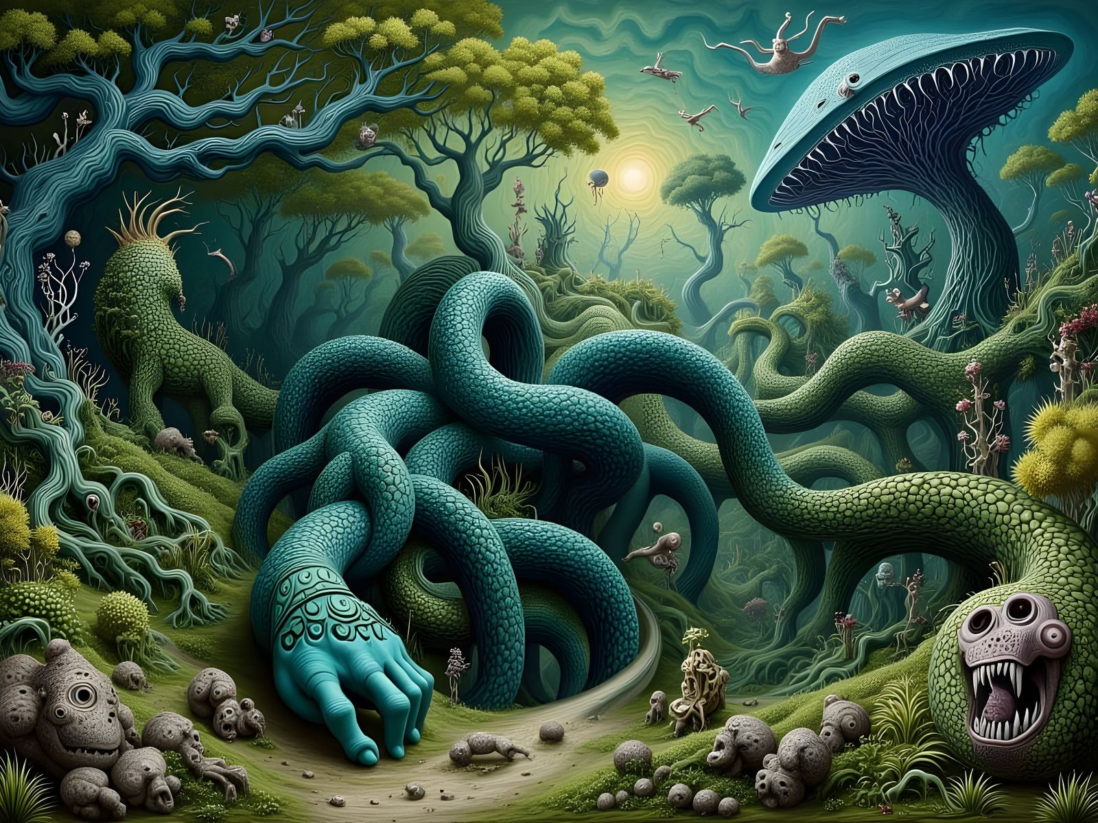 Surreal Cryptid Landscape in Magical Ink Wash Style