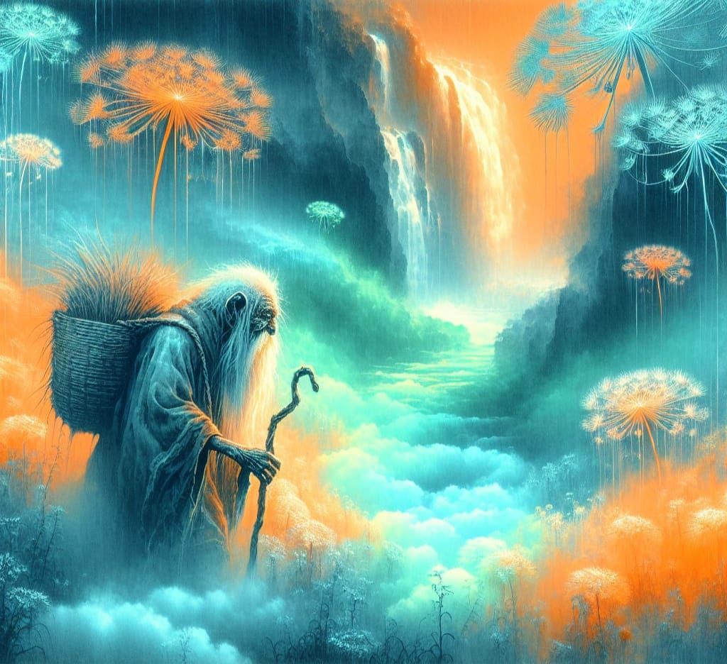 Goblin in Ukiyo-e Dreamscape with Waterfalls