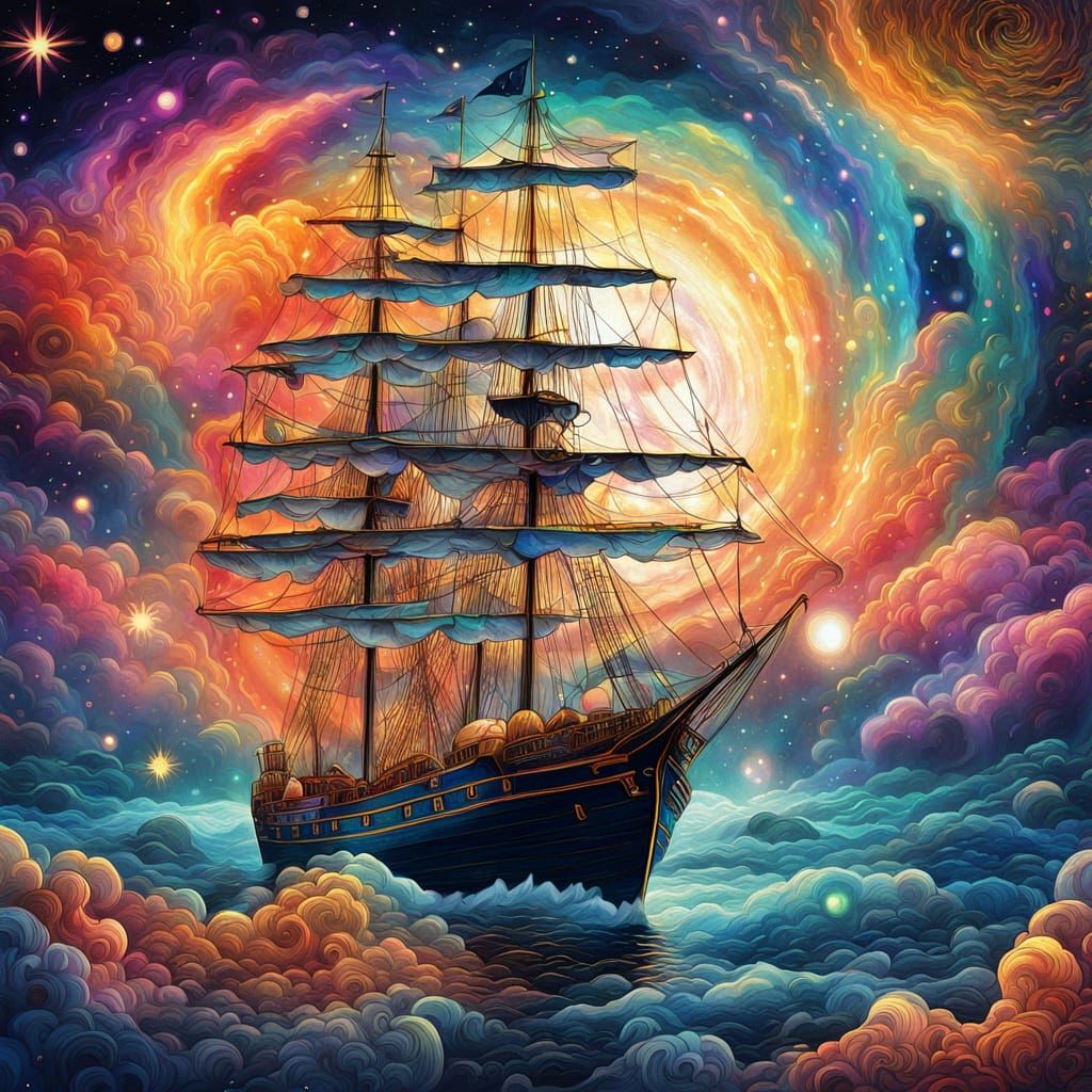 Cosmic Ship Sailing Astral Seas in Holographic Art
