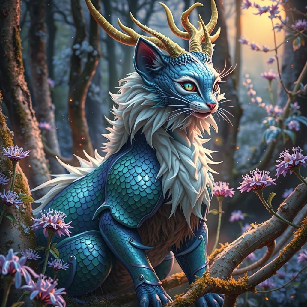 Regal Dragon-Cat Amidst Winter Wonderland