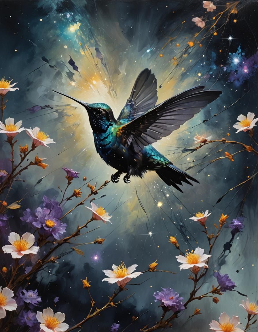 Nebula Hummingbird in Flight Among Ginger Flowers