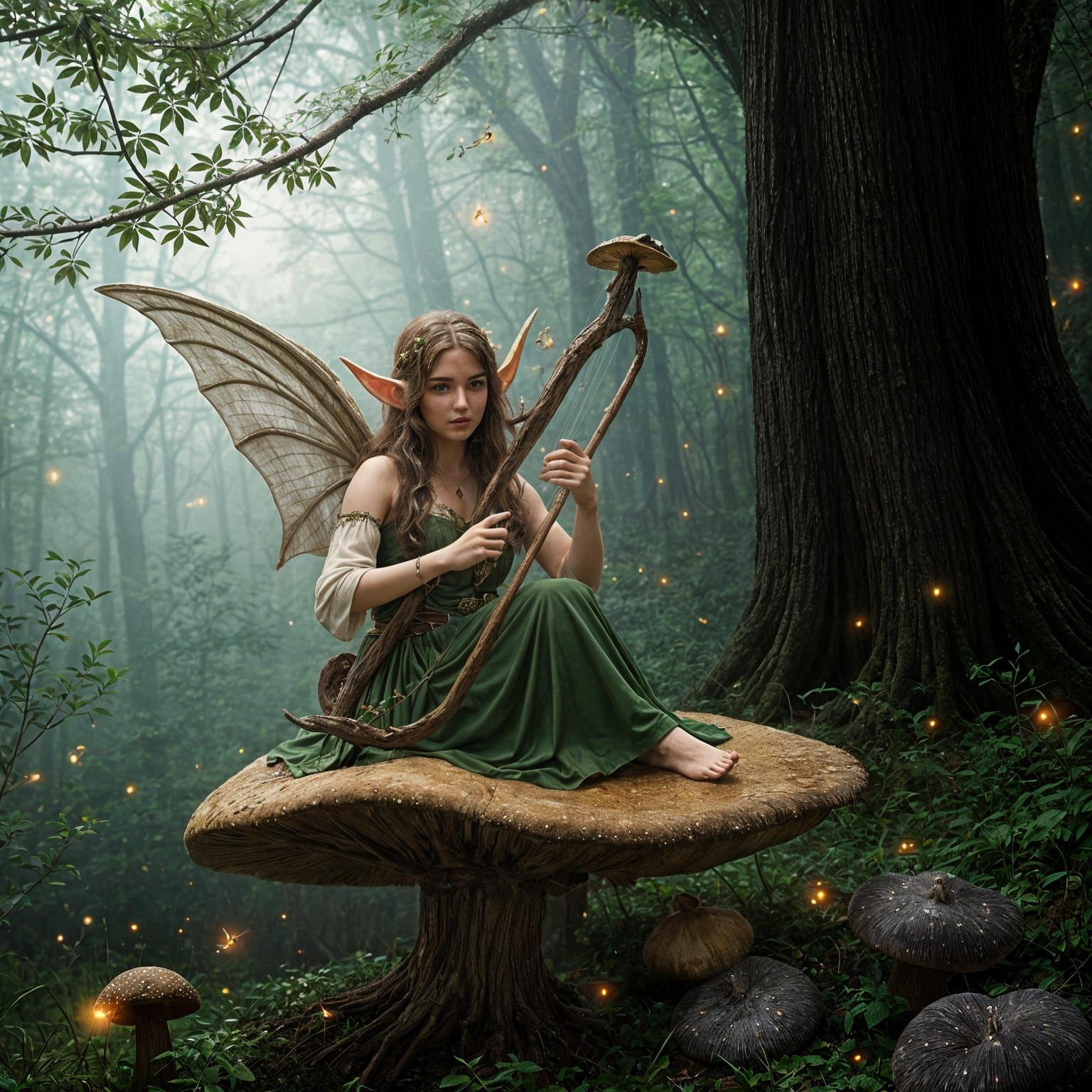 Elf Woman Playing Harp on Mushroom in Forest