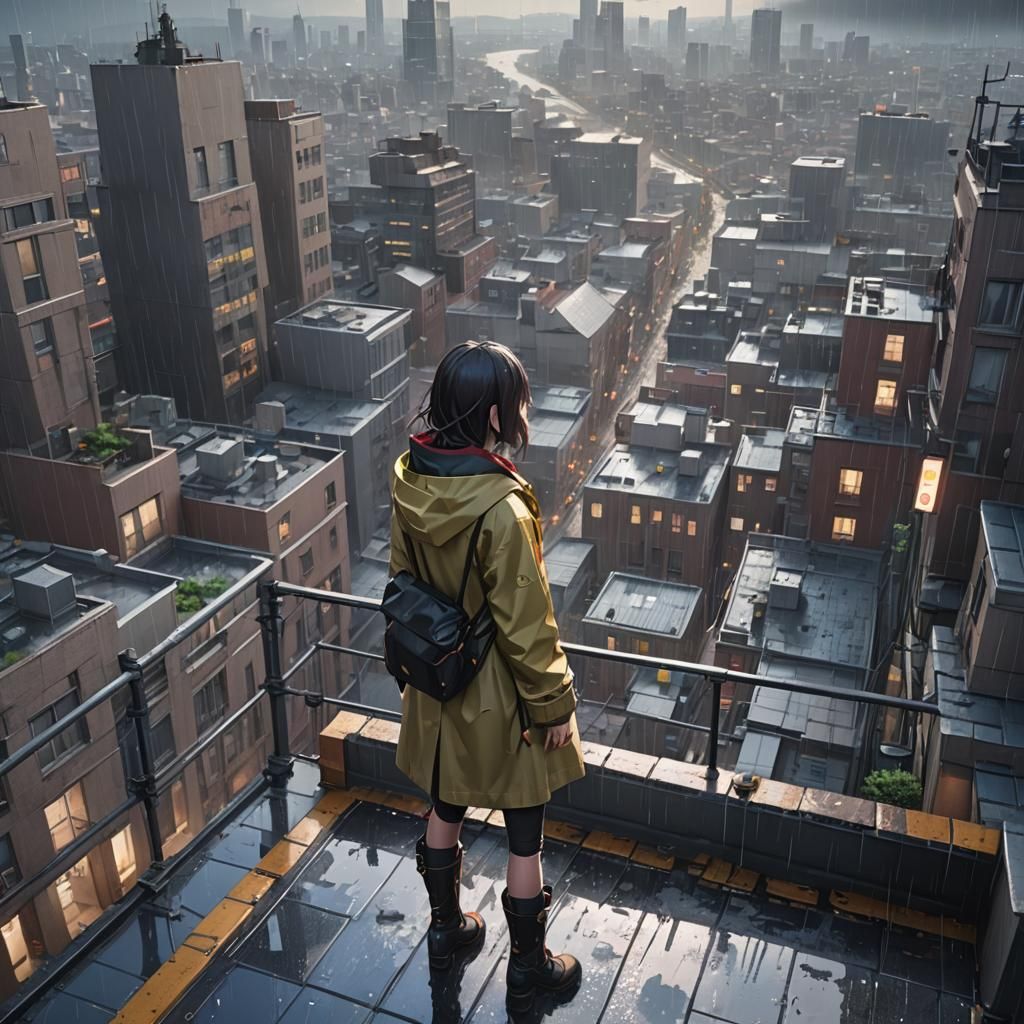 Rainy Cityscape View in Detailed 3D Anime Style