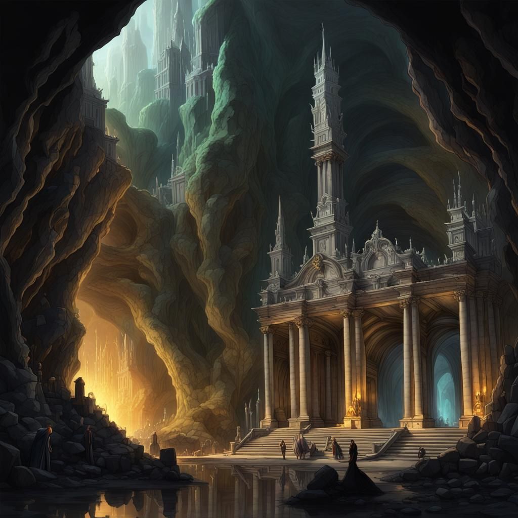 Underground Palladian City Lit by Glowing Crystals