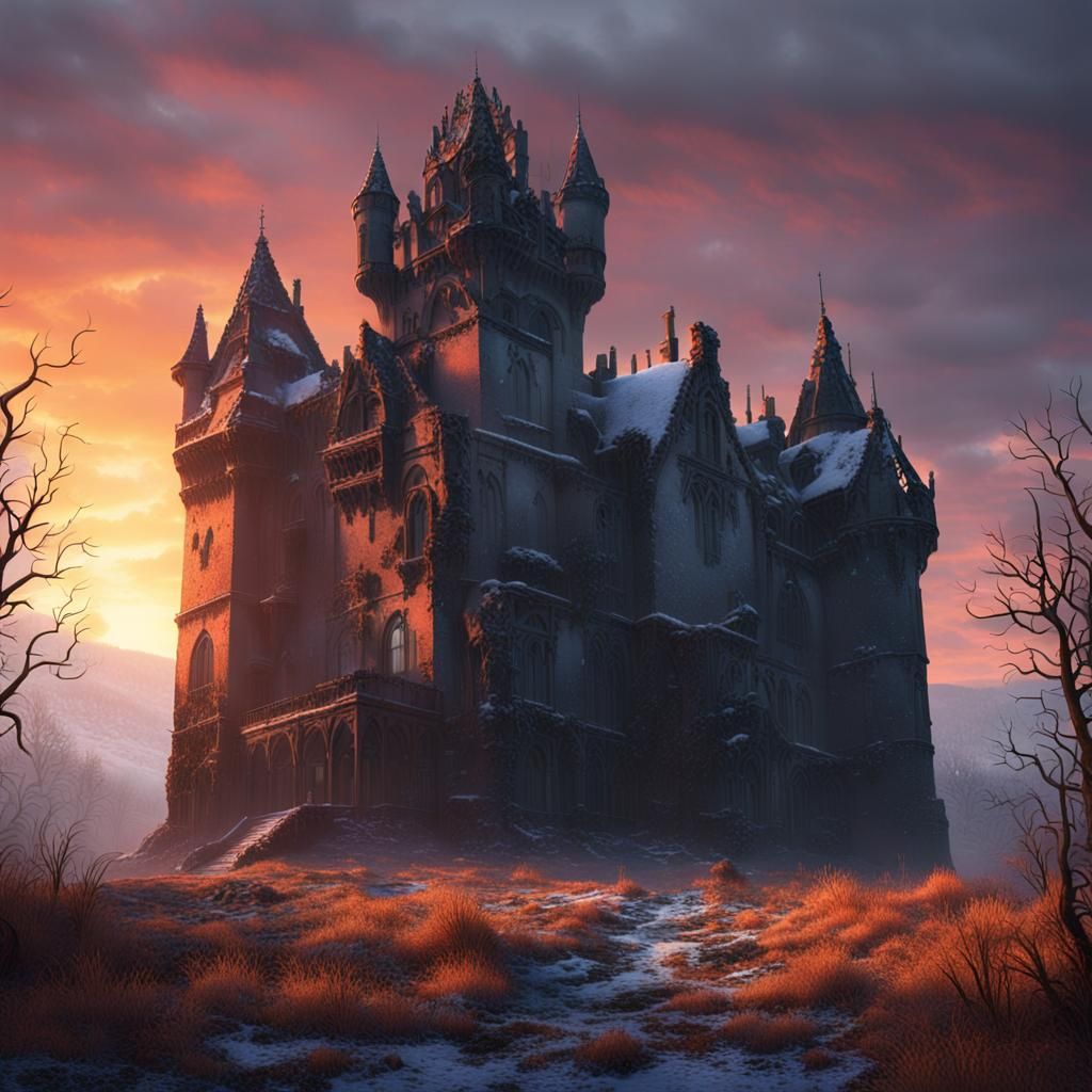 Abandoned Gothic Castle at Sunset in Snow