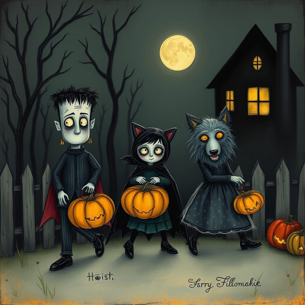 Monster Kids Trick or Treating on Halloween Night