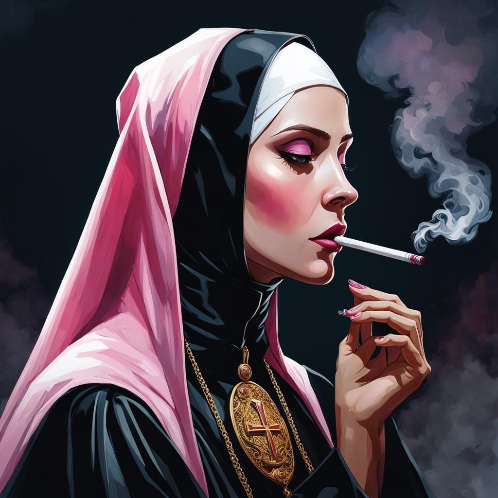 Gothic Nun Smoking in Gouache Style