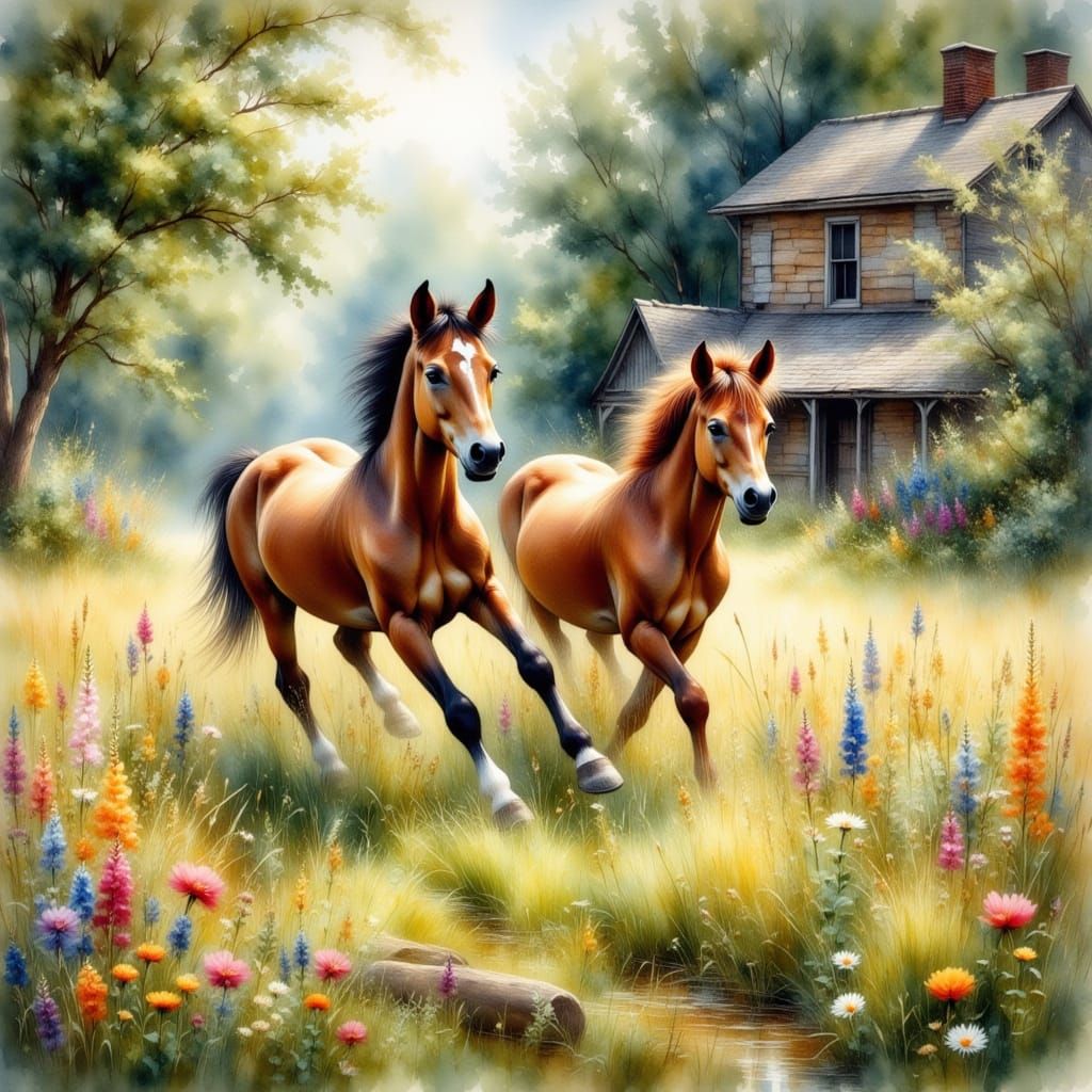 Colts Frolic in Meadow: Antique Watercolor Painting