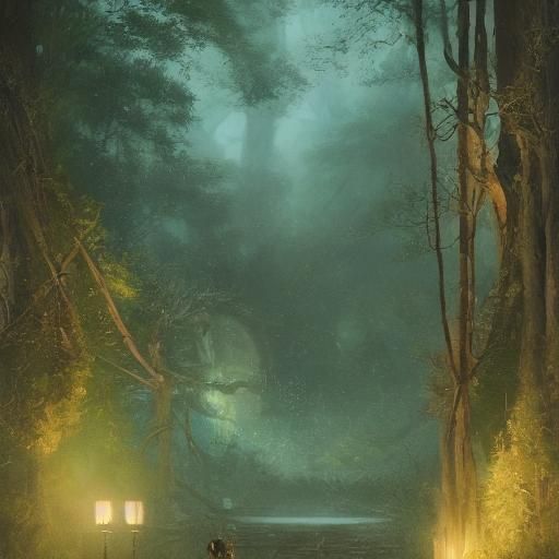 Mystical Garden Labyrinth with Lamps and Fountains