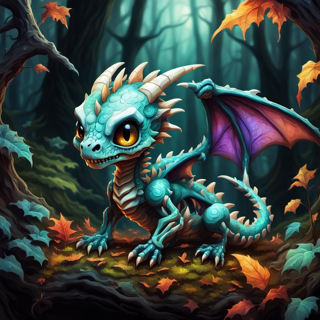 Detailed Skeletal Baby Dragon in Haunted Forest