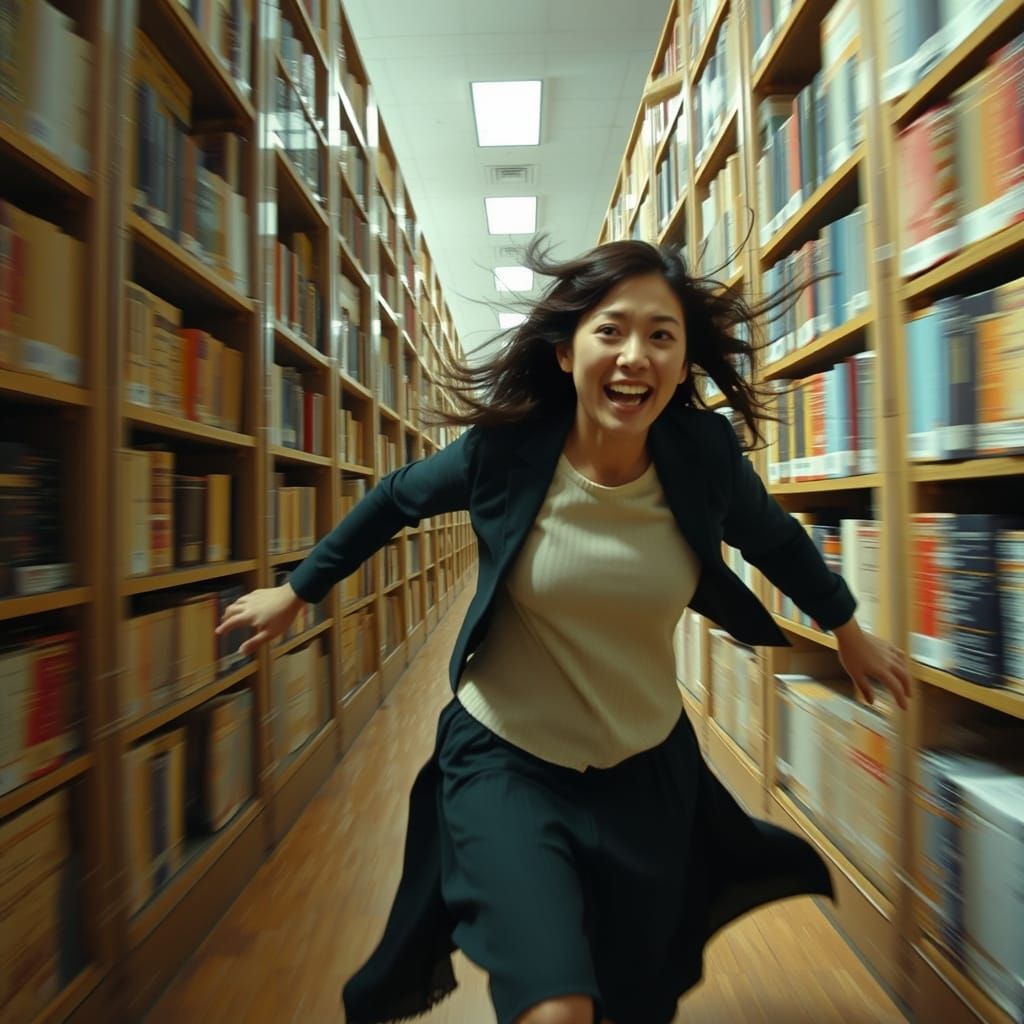 Woman Races Through Library in Playful Chaos Style