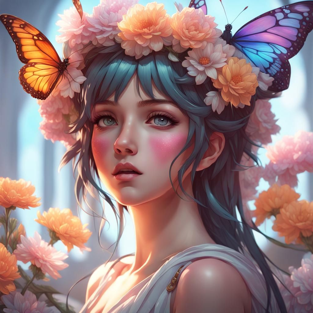 anime girl with butterfly wings on her head with a flower crown