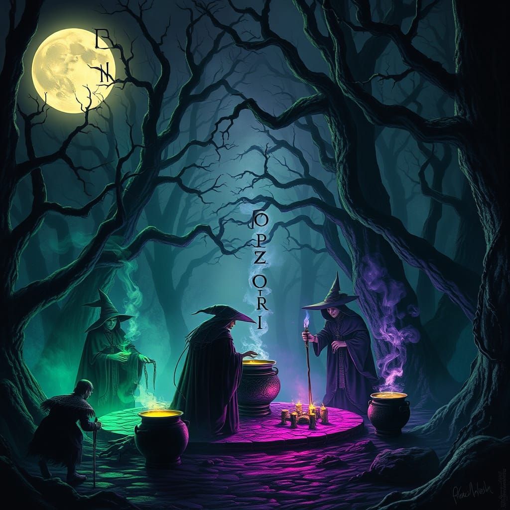 Witches Ritual in Ancient Forest Under Full Moon