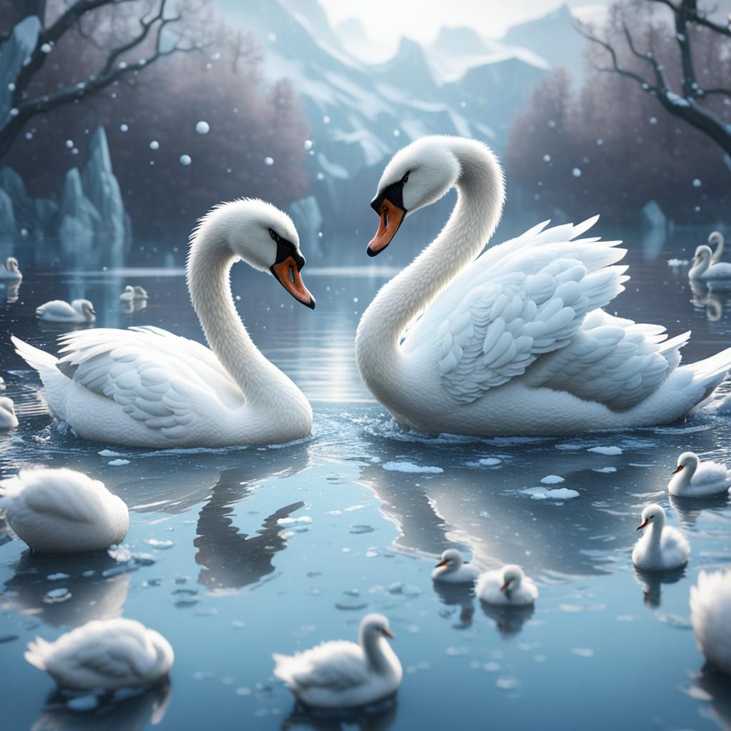 White Swans in Icy Water: Fantasy Concept Art