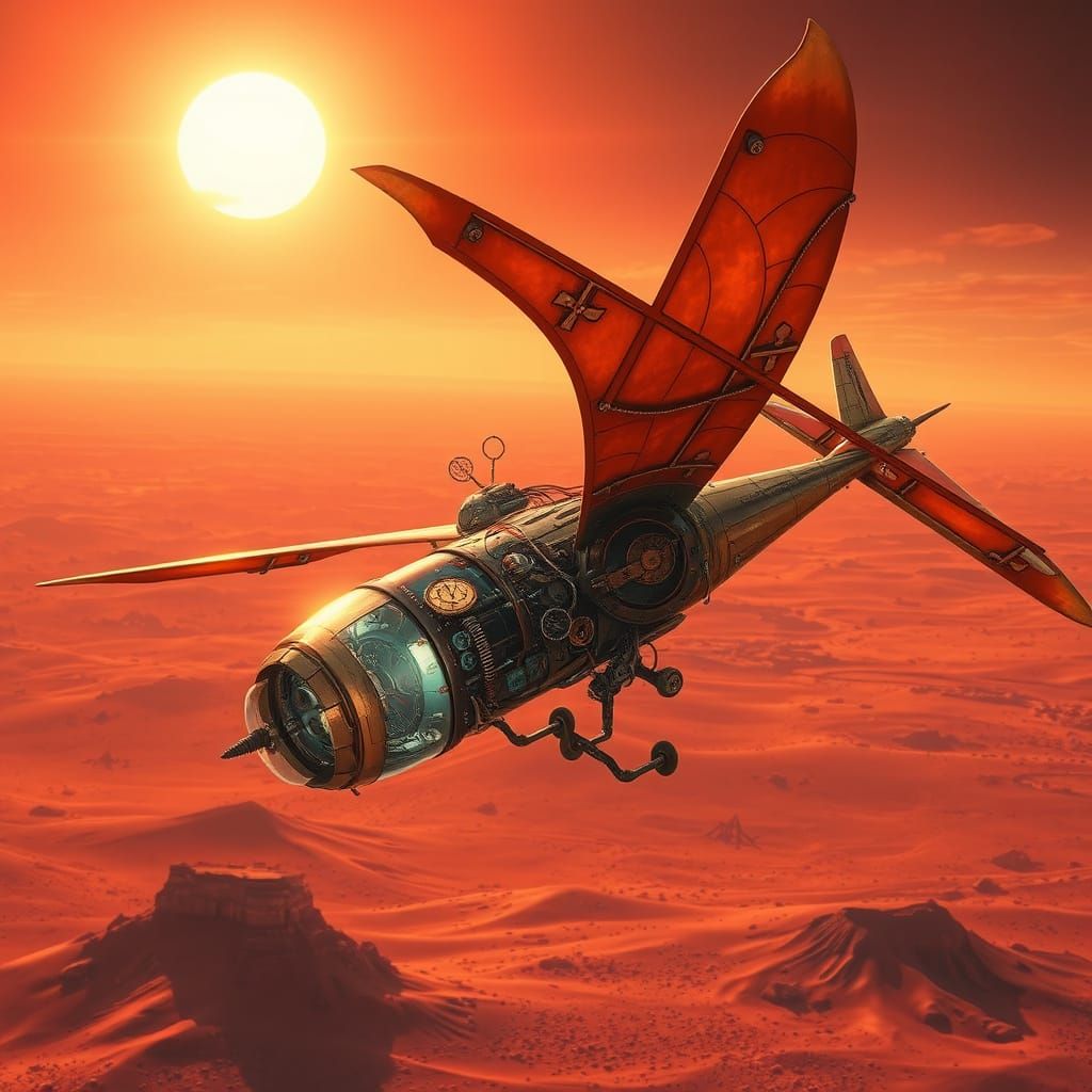 Steampunk Plane Soars Through Crimson Desert Sky