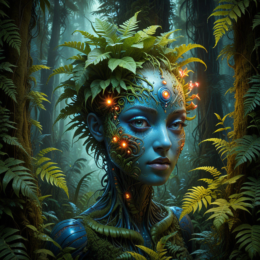 Biomechanical Bloom in a Cyberpunk Forest